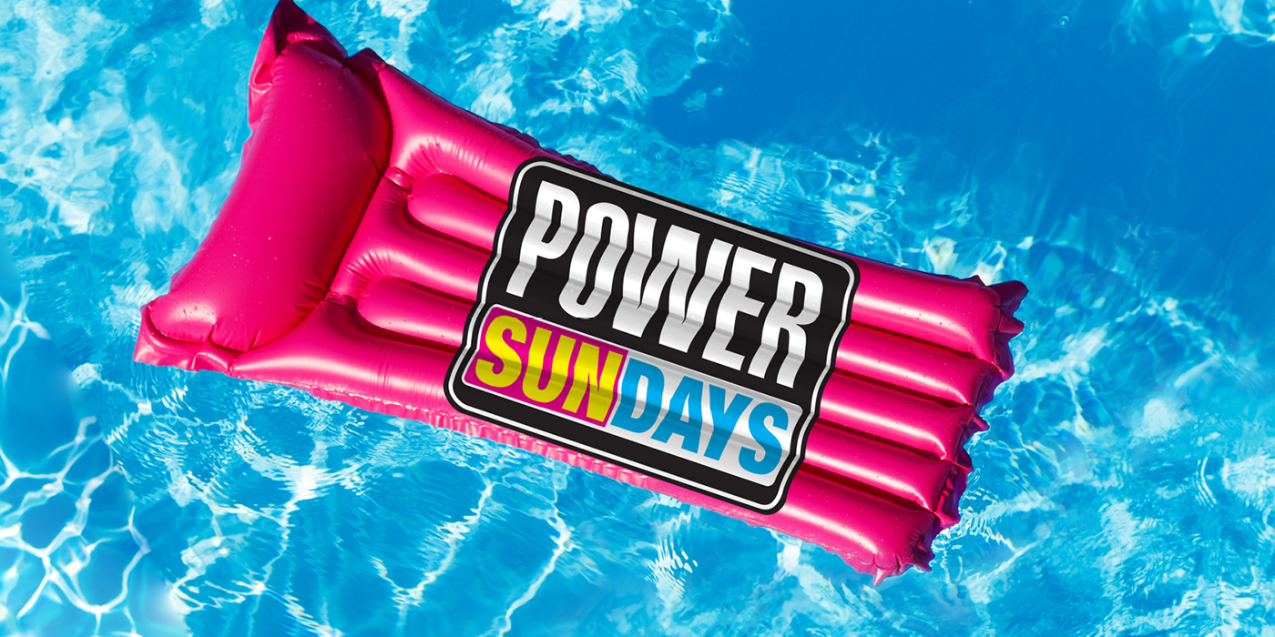A pink floatie in a pool aerial view with text that reads Power Sundays